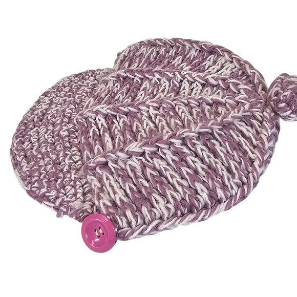 Ladies OS Fall Winter Warm Cozy Cable Knit Wool Riding Cap Purple White Pom Pom - Picture 12 of 16